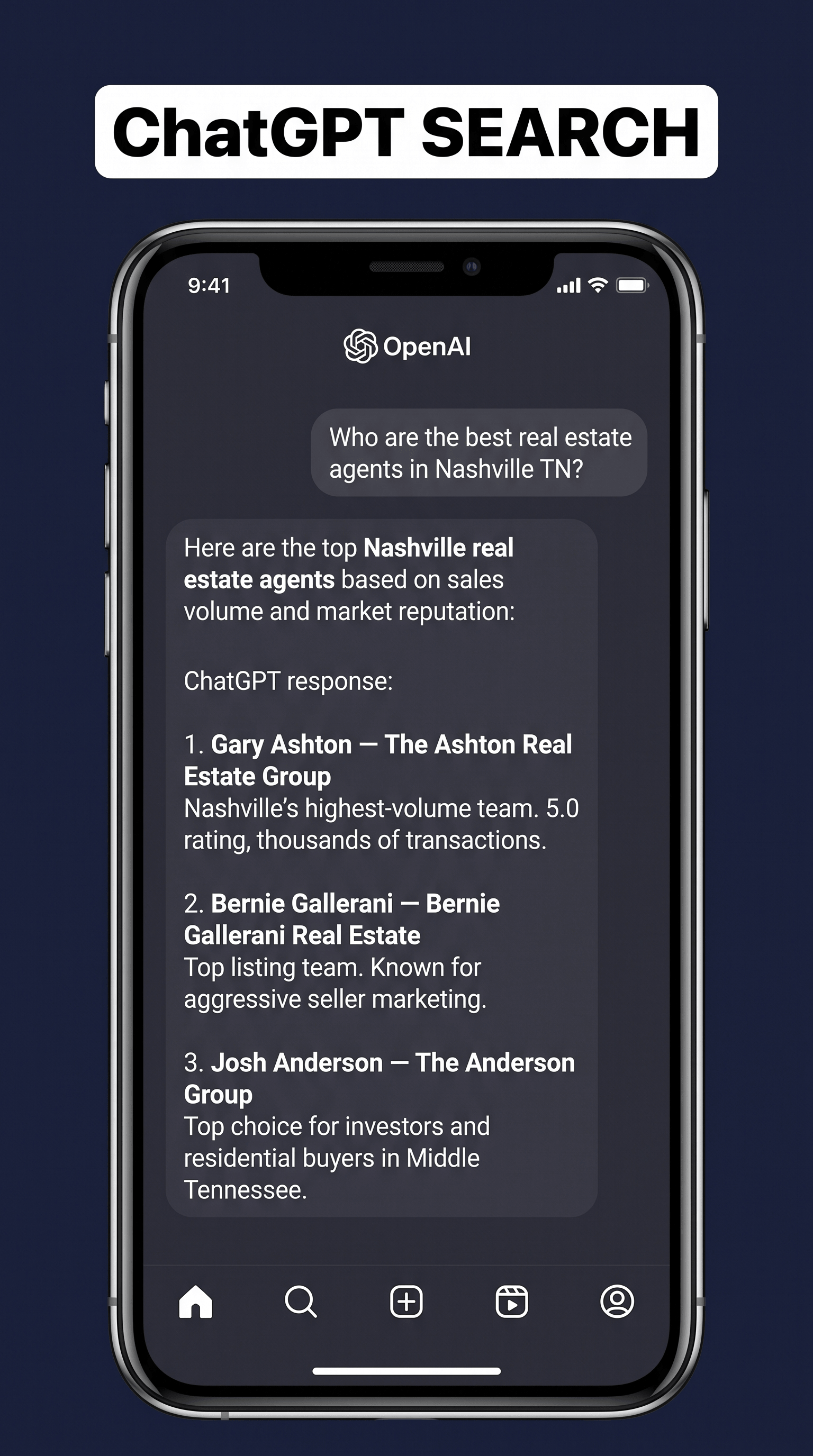 ChatGPT Search — best real estate agents Nashville TN